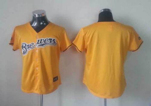 Brewers Blank Yellow Alternate Cool Base Women's Stitched MLB Jersey - Click Image to Close